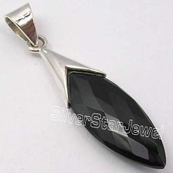 SilverStarJewel Sterling Silver Marquise Faceted Black Onyx Pendant 1.8'' Jewelery Gift