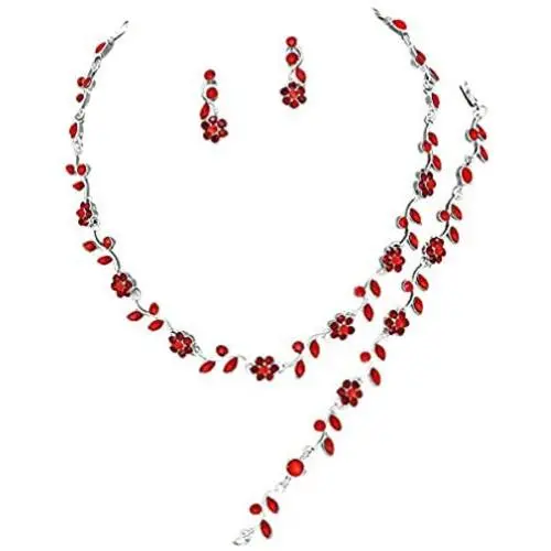 Affordable Wedding Jewelry Ruby Red Crystal 3 PCS Set Silver Necklace Bracelet Earring Bridal Formal Affordable Wedding Jewelry Ruby Red Crystal 3 PCS Set Silver Necklace Bracelet Earring Bridal Formal