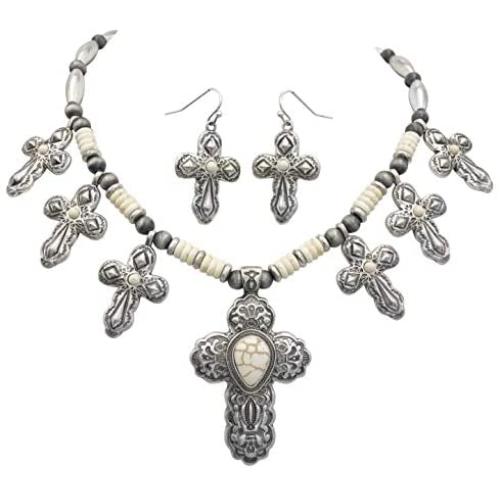 Gypsy Jewels 7 Stone Cross Western Style Scroll Detailed Silver Tone Statement Necklace & Earrings Set