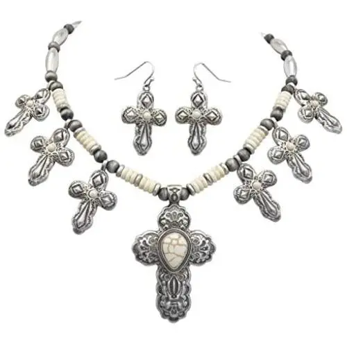 Gypsy Jewels 7 Stone Cross Western Style Scroll Detailed Silver Tone Statement Necklace & Earrings Set Gypsy Jewels 7 Stone Cross Western Style Scroll Detailed Silver Tone Statement Necklace & Earrings Set