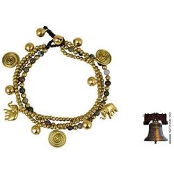 NOVICA Jasper and Brass Beaded Lucky Elephant Charm Bracelet, 7.5'' Colorful Siam Elephants