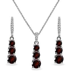 Sterling Silver Genuine or Synthetic Gemstone 3-Stone Journey Pendant Necklace & Dangle Leverback Earrings Set