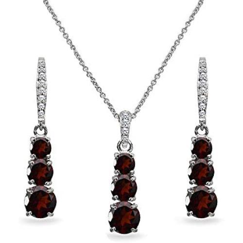 Sterling Silver Genuine or Synthetic Gemstone 3-Stone Journey Pendant Necklace & Dangle Leverback Earrings Set