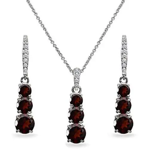 Sterling Silver Genuine or Synthetic Gemstone 3-Stone Journey Pendant Necklace & Dangle Leverback Earrings Set