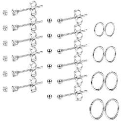 LOYALLOOK 15-20Pairs Tiny 2mm Stainless Steel Small Stud Earrings for Men Women Small CZ Round Ball Hoop Earrings Set Tragus Helix Piercing Earrings