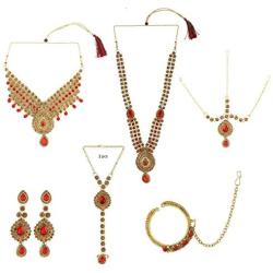 Efulgenz Indian Bollywood Bridal Wedding Kundan Crystal Necklace Earring Maang Tikka Head Chain Nose Ring Bracelet Jewelry Set