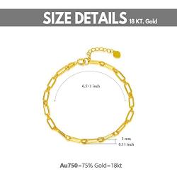 Solid 18k Gold Paper Clip Link Chain Bracelet for Women, Real 18 Carat Gold Minimalist Jewerly Gifts for Her, (3MM, 6.5-7.5 Inch)