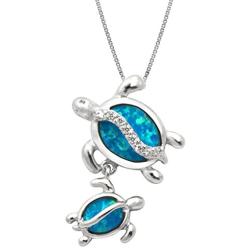 Honolulu Jewelry Company Sterling Silver Mom and Baby Turtle CZ Necklace Pendant with Simulated Blue Opal and 18'' Box Chain