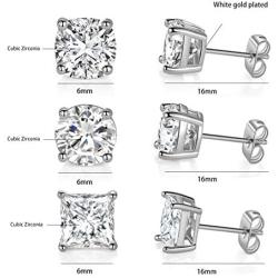 3 Pair CZ Earrings Set for Women 18K White Gold Plated Round Square Cushion Earrings for Men Hypoallergenic Jewelry