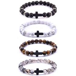 SOFTONES 4PCS Cross Beads Bracelet for Men Women 8mm Healing Lava Stone Stretch Bracelets,7.5'' …