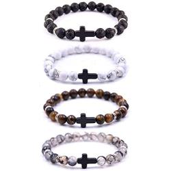 SOFTONES 4PCS Cross Beads Bracelet for Men Women 8mm Healing Lava Stone Stretch Bracelets,7.5'' …