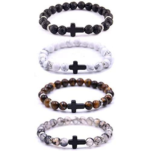 SOFTONES 4PCS Cross Beads Bracelet for Men Women 8mm Healing Lava Stone Stretch Bracelets,7.5'' …