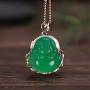 yigedan 14k Gold Plated Green Jade Gemstone Buddha Pendant Lucky Necklace