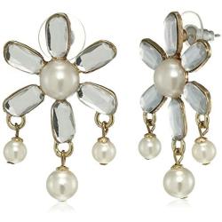 Estele Gold Tone Mirror 6 petal flower pearl Drop Earrings