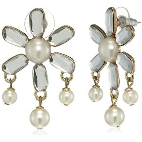 Estele Gold Tone Mirror 6 petal flower pearl Drop Earrings