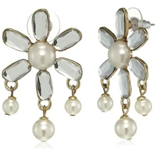 Estele Gold Tone Mirror 6 petal flower pearl Drop Earrings Estele Gold Tone Mirror 6 petal flower pearl Drop Earrings