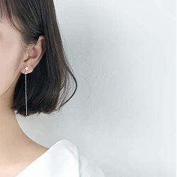 CZ Moon and Star Chain Threader Dangle Earrings for Women Teen Girls Sterling Silver Asymmetrical Small Charm Long Drop Dangling Faux Diamond Fashion Jewelry