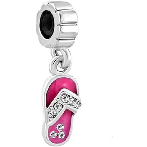 Q&Locket Dangle Rose Pink &White Beach Flip Flop Charm Bead for Bracelet