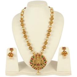 MUCH-MORE Gold Tone Pearl Temple Jewelry Polki Necklace Set Indian Traditional Jewelry (PN-2394)