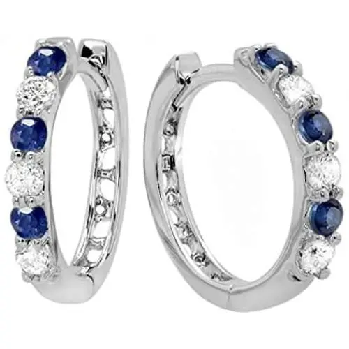 Dazzlingrock Collection 14K Round Blue Sapphire & White Diamond Ladies Huggies Hoop Earrings, White Gold Dazzlingrock Collection 14K Round Blue Sapphire & White Diamond Ladies Huggies Hoop Earrings, White Gold