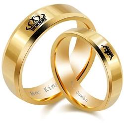 Uloveido 2pcs His Queen and Her King Couple Rings Set, Titanium Steel Matching Promise Wedding Engagement Band for Couples (Black, Gold)