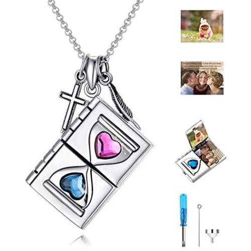 AOBOCO Sterling Silver Personalized Locket Necklace That Holds Pictures, Heart Shape Angel Photo Locket Pendant Crystal from Austria Birthday Gifts for Women