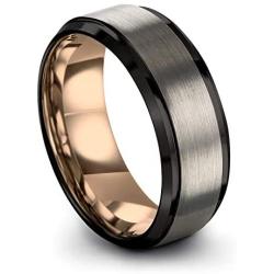 Midnight Rose Collection Tungsten Wedding Band Ring 8mm for Men Women 18k Rose Yellow Gold Plated Step Bevel Edge Black Grey Brushed Polished