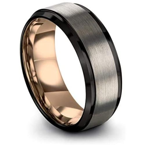 Midnight Rose Collection Tungsten Wedding Band Ring 8mm for Men Women 18k Rose Yellow Gold Plated Step Bevel Edge Black Grey Brushed Polished