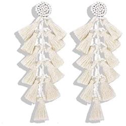 Long Beaded Beads Tassel Layer Drop Dangle Earrings Chandelier for Women Girl Bohemian Statement Cotton Woven Fringe Jewelry Colorful Vintage Handmade Geometric