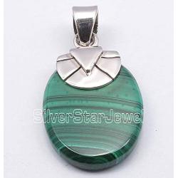 SilverStarJewel Solid Sterling Silver Malachite Flat Pendant 1.2'' Bijoux