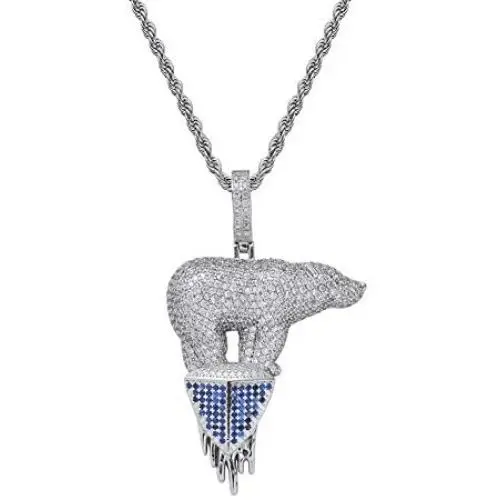 Moca Jewelry Iced Out Glacier Polar Bear Pendant 18K Gold Plated Chain Bling CZ Simulated Diamond Hip Hop Necklace for Men Women