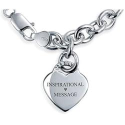 Bling Jewelry Personalized Engrave Solid Heart Shape Charm Tag Bracelet for Women Teen 7.5 8 Inch 925 Sterling Silver Heavy Rolo Chain