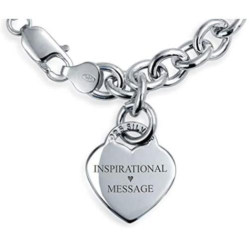 Bling Jewelry Personalized Engrave Solid Heart Shape Charm Tag Bracelet for Women Teen 7.5 8 Inch 925 Sterling Silver Heavy Rolo Chain