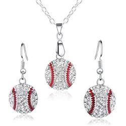 Baseball Pendant Necklace & Dangle Earrings Jewelry Set Sport Clear Crystal Fashion Jewelry (Silver earrings+necklace)