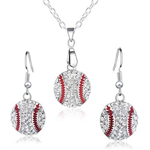 Baseball Pendant Necklace & Dangle Earrings Jewelry Set Sport Clear Crystal Fashion Jewelry (Silver earrings+necklace)