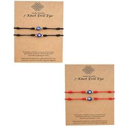 4Pcs Lucky 7 Knots Red String Evil Eye Bracelet Handmade Adjustable Rope Corded Braide Amulet Protection Bracelet for Women Men Boy Girl Good Luck Message Card Friendship Jewelry Gift