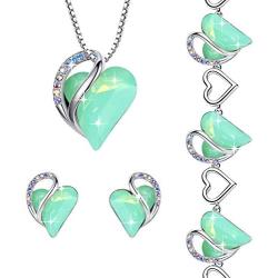 Leafael Infinity Love Crystal Heart Bundle Jewelry Set Opal Jade Green Healing Stone for Luck Gifts for Women Necklace Earrings Bracelet, Silver-tone