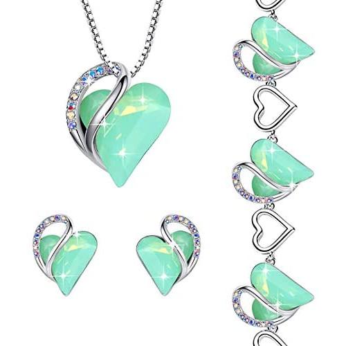 Leafael Infinity Love Crystal Heart Bundle Jewelry Set Opal Jade Green Healing Stone for Luck Gifts for Women Necklace Earrings Bracelet, Silver-tone