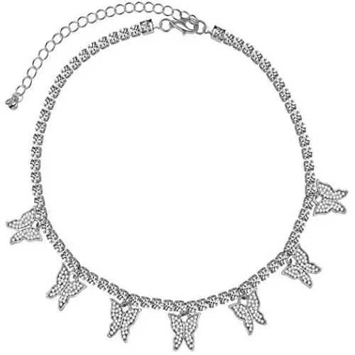 SUNXN Butterfly Necklace Tennis Chain Choker CZ Bling Silver Gold Pendant Necklace Gift for Women Girls Jewelry