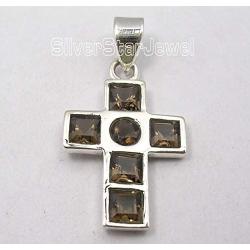 SilverStarJewel Smoky Quartz tcw 2.9 Cross Necklace Pendant 1.2'' Sterling Silver