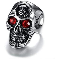 Demon Skull Head Ring for Men, Ruby Eye Skull Ring, Vampire Skull Ring, Gothic Red Eye Skull Ring Cocktail Party Ring, Cool Devil Ring Halloween Biker, Vintage Punk Skull Jewelry Gift for Boys