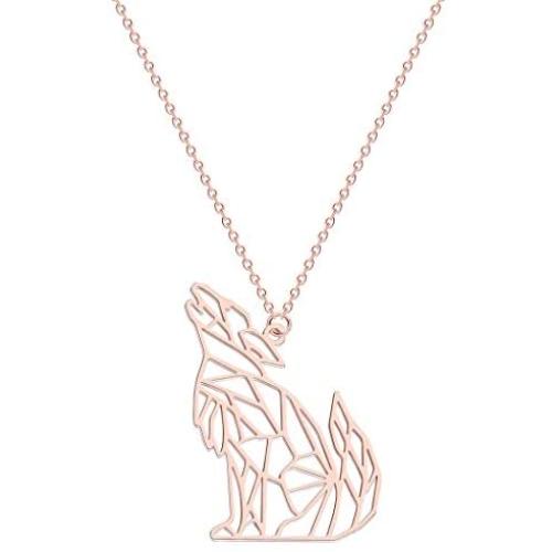 BELUCKIN Stainless Steel Howling Wolf Animal Pendant Necklace Geometric Origami Jewelry