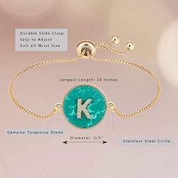 Ascona Gold Initial Bracelet for Women Girl Letter Personalized Bracelet Stone Turquoise Adjustable Slide Chain, Letters A-Z