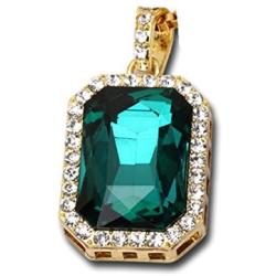 14K Gold Plate Iced Out Hip Hop Emerald Green Gem Jewelry Bling Bling Pendant Necklace for Men 30 Inches Chain Included