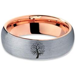 Blossom Nature Tree Ring - Tungsten Band 8mm - Men - Women - 18k Rose Gold Step Bevel Edge - Yellow - Grey - Blue - Black - Brushed - Polished - Wedding - Gift Dome Flat