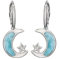 Sterling Silver Natural Larimar CZ Star and Moon Dangle Earrings