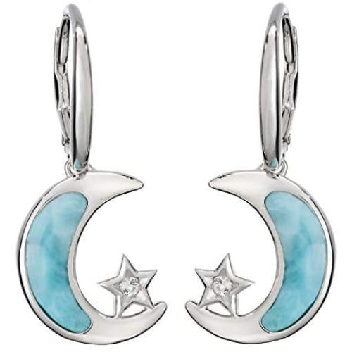 Sterling Silver Natural Larimar CZ Star and Moon Dangle Earrings