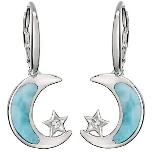 Sterling Silver Natural Larimar CZ Star and Moon Dangle Earrings Sterling Silver Natural Larimar CZ Star and Moon Dangle Earrings