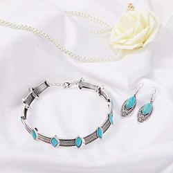 Bohemian Turquoise Necklace Choker Turquoise Earrings Silver Short Choker Necklace Handmade Vintage Necklace with Vintage Statement Drop Dangle Earrings Gothic Boho Jewelry Set for Women