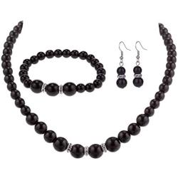 Femtindo Faux Pearl Necklace Earring and Bracelet Black Costume Jewelry Set for Women